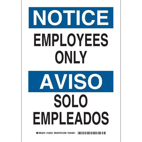 Brady 125020 Bilingual Sign, Legend"Employees Only/Solo Empleados", 10 ...