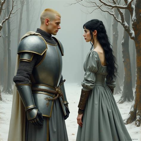 Tall Knight Surveys Young Woman in Snowy Scene | Stable Diffusion Online