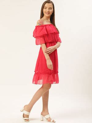 Buy Dodo & Moa Women Red Self Design Off-Shoulder Blouson Dress (L) Online