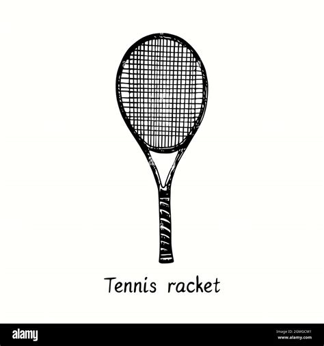 Tennis racket. Ink black and white doodle drawing in woodcut style ...