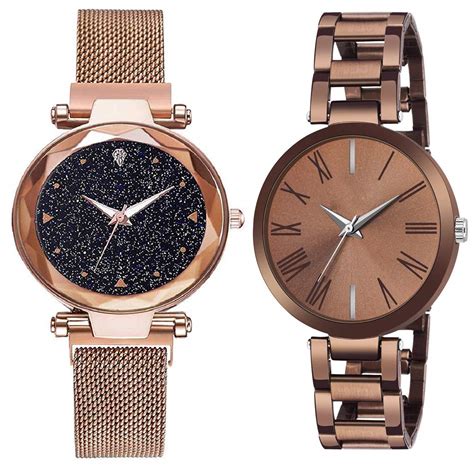 crispy Gold Women Watch Waterproof Magnet Stainless Steel Strap & Brown ...