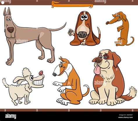 Cartoon illustration of purebred dogs and puppies comic animal ...