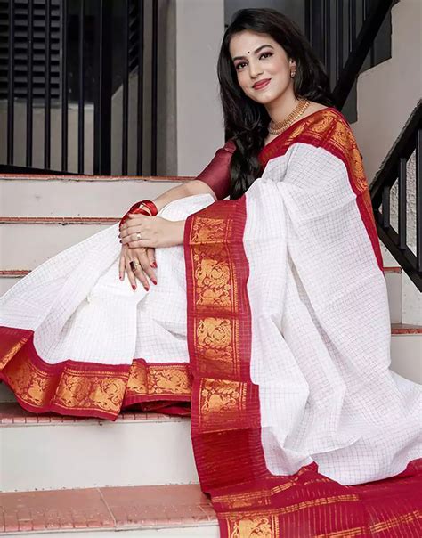 White And Hot Red Colour Soft Lichi Silk Saree With Blouse – Sareewave