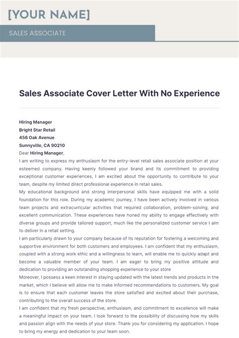 Free Sales Associate Cover Letter With No Experience Template to Edit Online