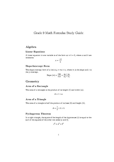 Image result for Grade 9 Math Formula Sheet