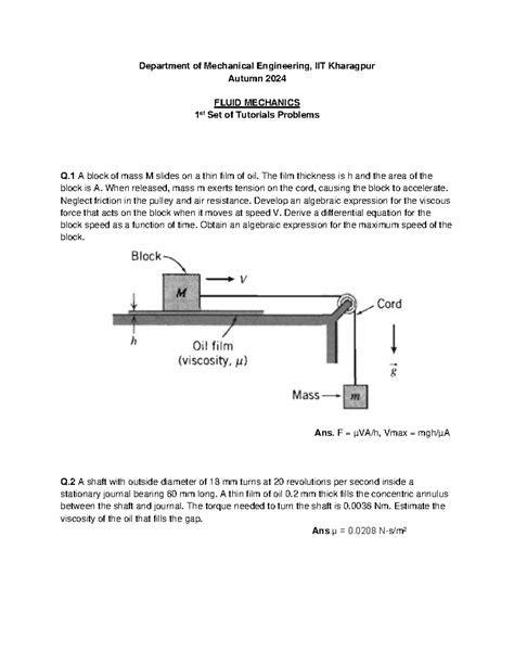 1st Set Tutorial Problems Of Fulid Mechanics - Department of Mechanical ...