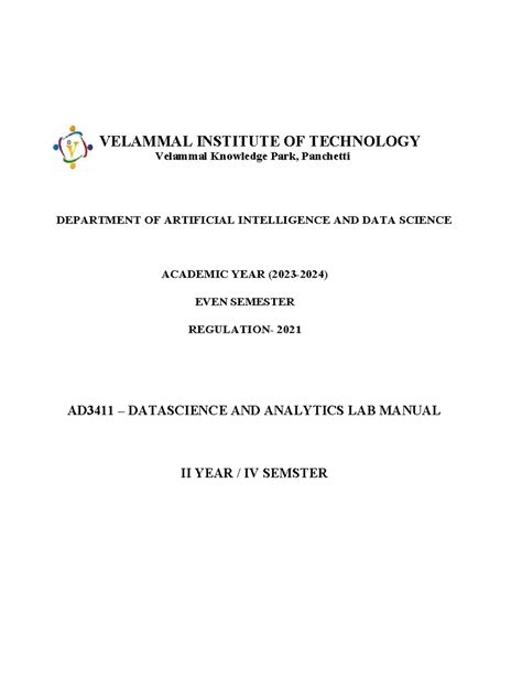 AD3411 Data Science & Analytics Lab Manual - II Year, IV Sem - Studocu