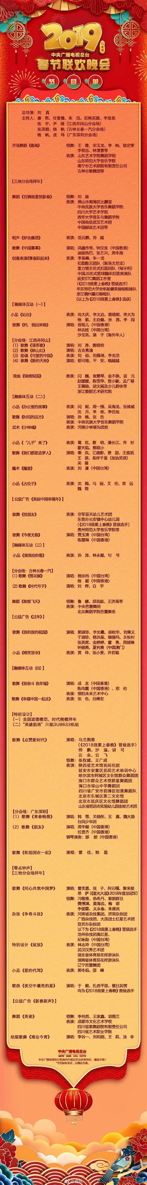 阵容强大！央视2019春晚节目单公布（完整版） - 文艺 - 红歌会网