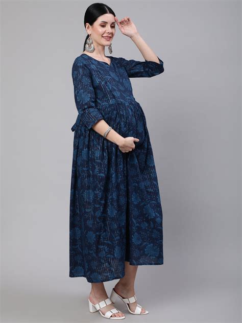Navy Blue Ethinc Printed Flared Maternity Dress – Trendphoria