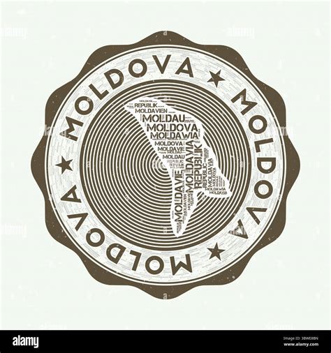 Moldova seal. Country round logo with the shape of Moldova and the country name in multiple ...