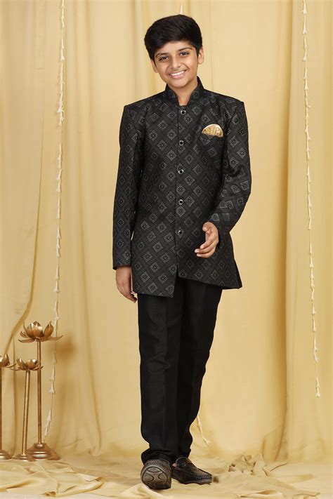 Kids Boys Black Jacquard Polyester Sherwani – AJ Dezines