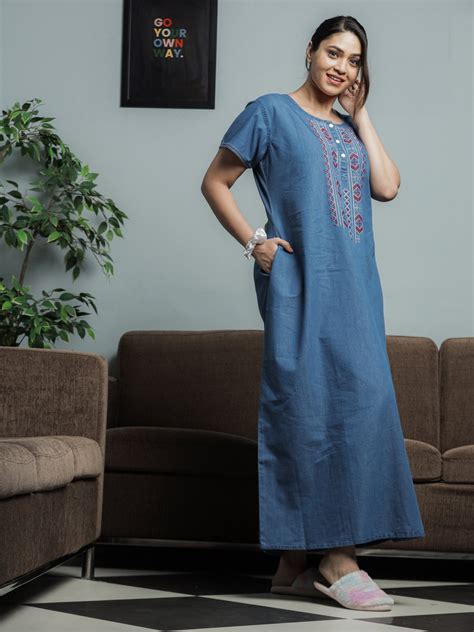 Buy Trendy Embroidery Neck Sky Blue Denim Nighty for Women – 9shines label