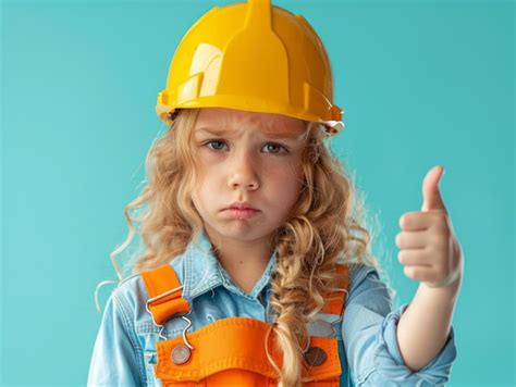 Young girl wearing construction hat and overalls giving thumbs up in ...