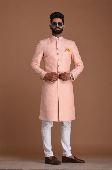 Pink Color Royal Club Pattern Brocade Silk Sherwani – Rajanyas