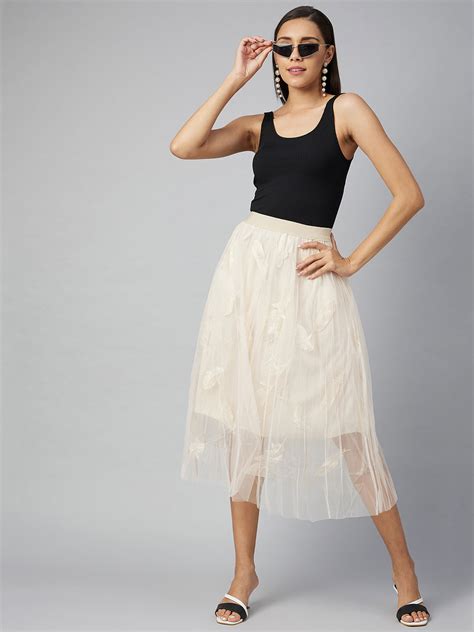 Women's Beige self embroidered Net Skirt with Lining – Stylestone