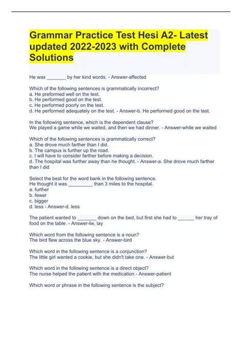 Grammar Practice Test Hesi A2- Latest updated with Complete Solutions ...