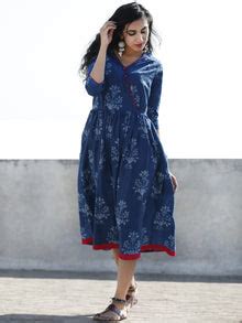 Indigo Magenta Hand Block Printed Cotton Midi Length Dress With Angrak ...