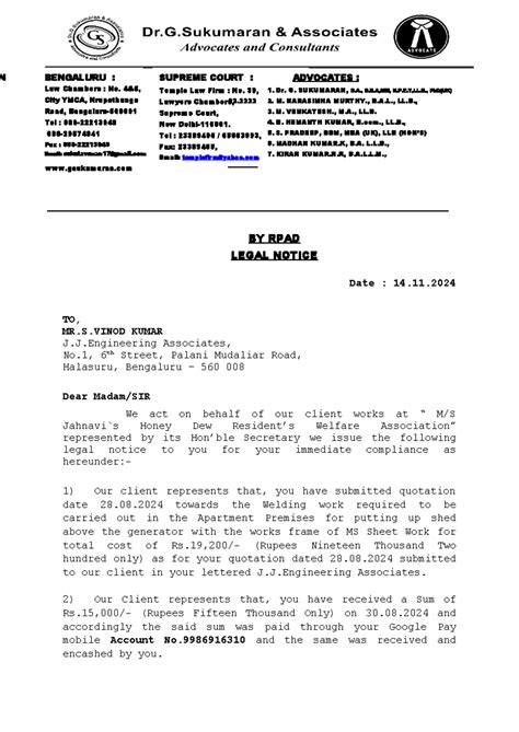 Legal Notice jahnavi`s honey resident TO Vinod Kumar -14 - - Studocu