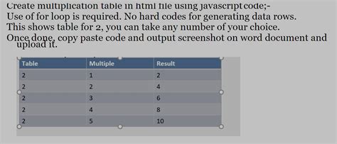 Image result for Write a JavaScript Program to Display a Multiplication Table HTML Code