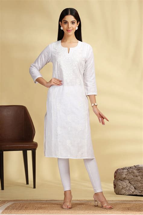 White Embroidered Cotton Straight Kurta – Cotton Culture