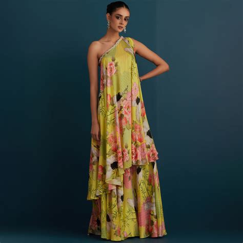 Lime Green Printed Off Shoulder Top with Printed Garara – HouseofPinkOnline