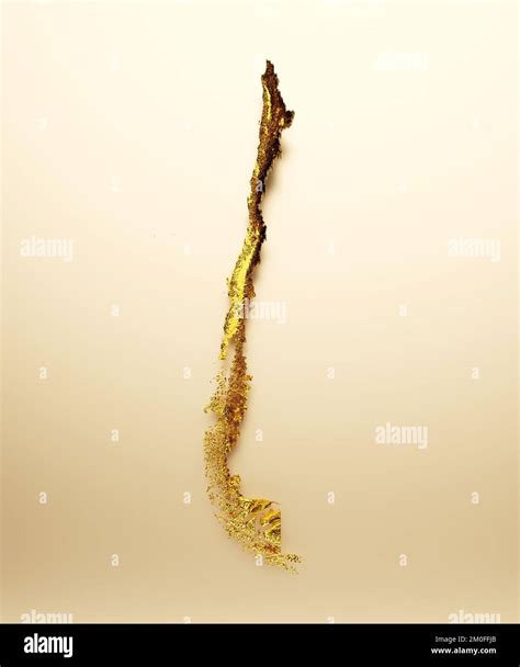 A vertical shot of a 3D rendering of the map of Chile in golden metal ...