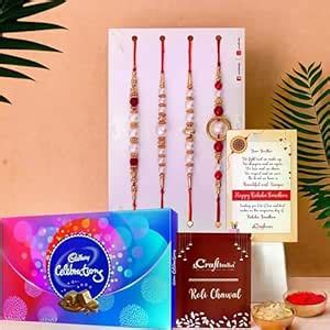 eCraftIndia Set of 4 Pearls Rakhis for Brothers with Chocolate, Cadbury ...