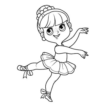 Sute 漫画、白い背景で隔離の着色のために概説された片足で踊る小さなバレリーナの女の子 | Premiumベクトル素材