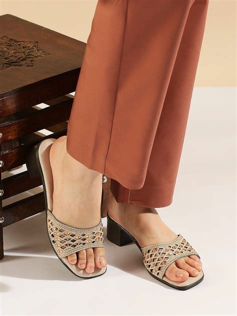 Buy Now Women Beige Embellished Open Toe Block Heels