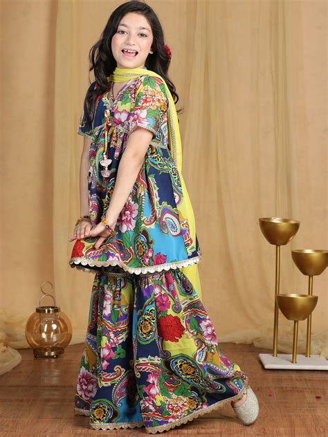 Cutiekins Girls Paisley Print Embroidered Kurta and Sharara with Dupat