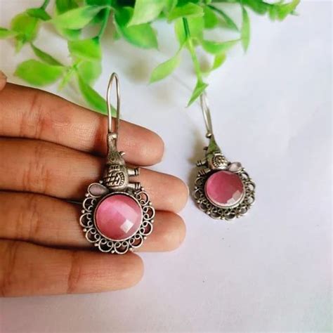 Pearl Earrings - Causal wear Oxidised monalisa stone hook earrings ...