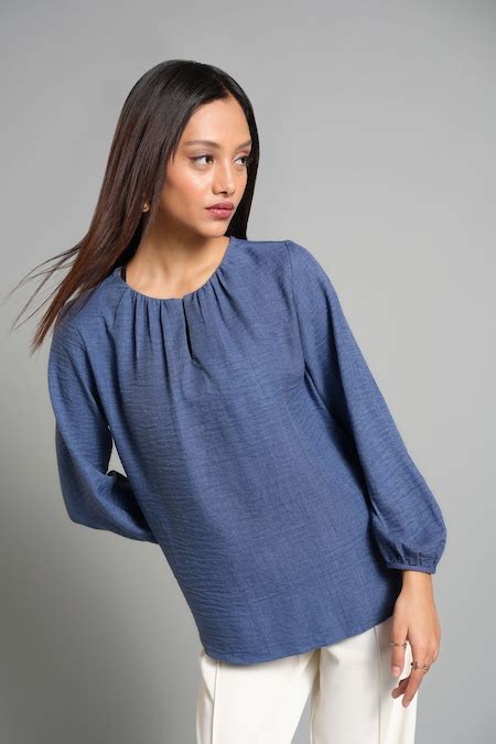 Medium Blue Solid Casual Full Sleeves Round Neck Women Regular Fit Tops ...