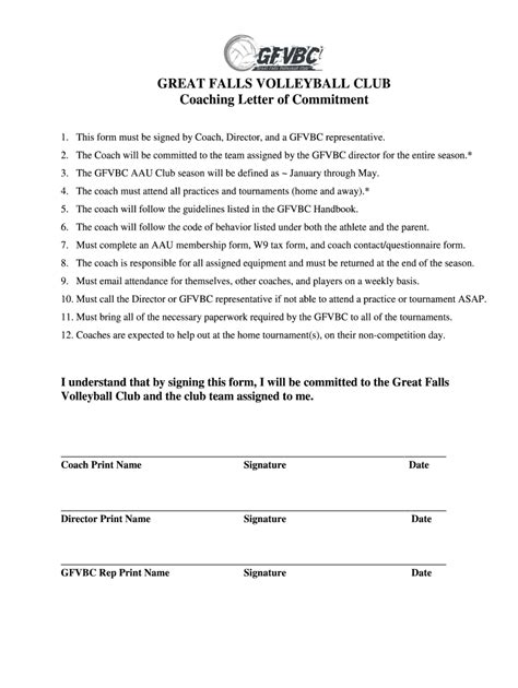 Great Falls Volleyball Club Coaching Commitment Form - Fill Out, Sign ...
