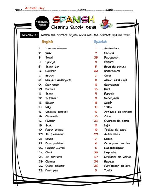 Spanish Cleaning Supplies Vocabulary Matching Worksheet & Answer Key ...