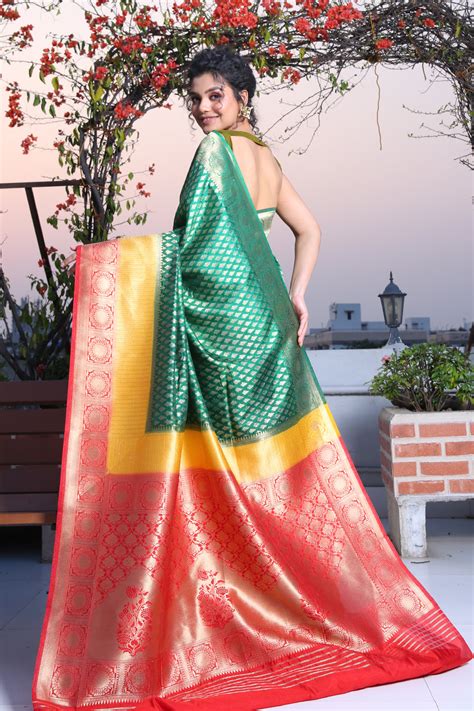 Dual Border Teal Green Silk Saree – Charukriti