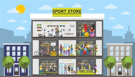 Sport store city building with customers and equipment. | Premium Vector