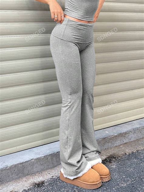 Women's Casual Solid Color Wide-Waist Flare Pants, Leggings Fold-Over ...