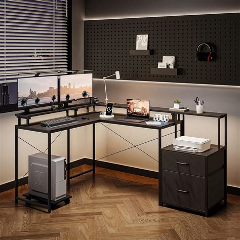 WASAGUN L Shaped Desk with 2 Fabric Drawers, Power Outlet & USB Ports ...