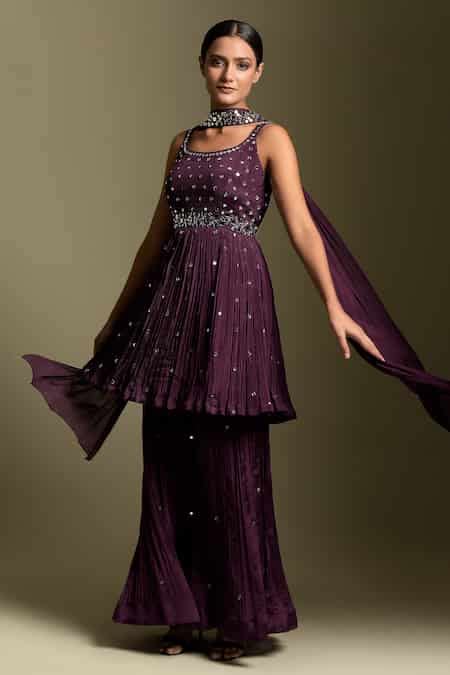 Buy Purple Chiffon Mirror Work Round Neck Embellished Kurta Set For ...