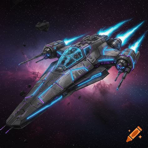 A dark, angular sci-fi spaceship with glowing blue lights flies through a nebula. on Craiyon