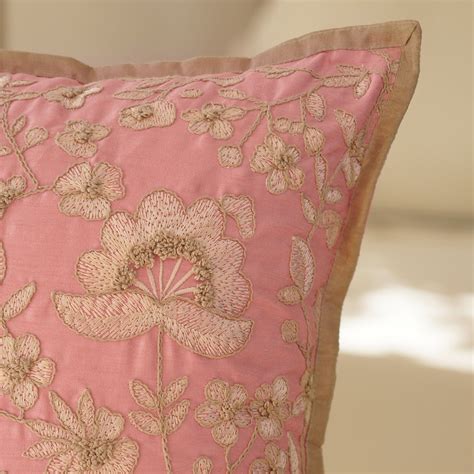 Pink Floral Embroidered Cushion Cover
