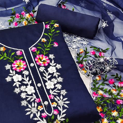 Navy Blue Floral Embroidered Chanderi Dress Material