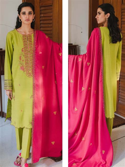 Zellbury Embroidered Shirt Shalwar Dupatta - Lime Green - Karandi Suit ...