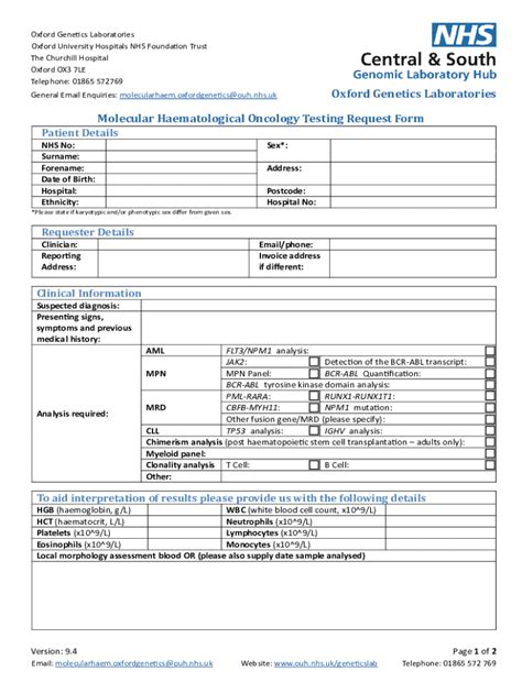 Fillable Online Molecular Haematological Oncology Testing Request Fax ...