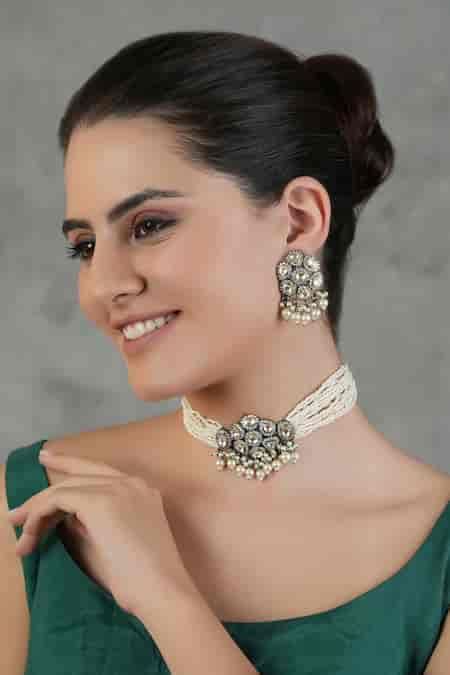 Buy White Pearls, Diamonds Danza Cluster Kundan Studded Jewellery Set ...