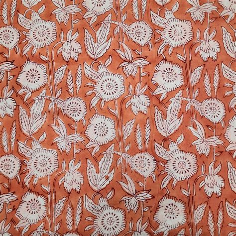 Pure Cotton Jaipuri Peach With White Grass Hand Block Print Fabric ...