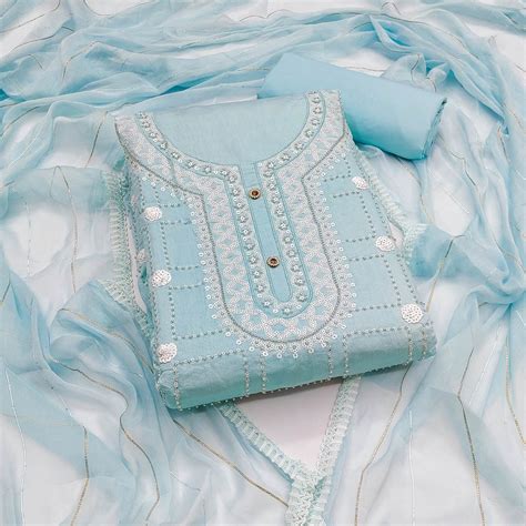 Blue Sequins Embroidery Chanderi Silk Dress Material