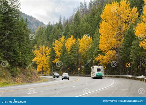 Traffic on Blewett Pass US 97 in Fall with Seasonal Color in Trees ...