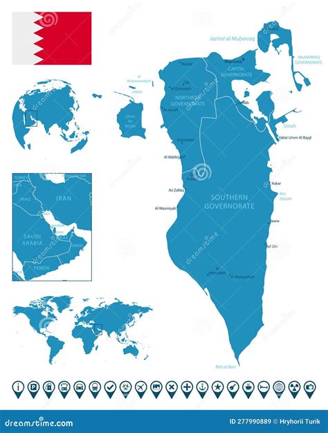 Bahrain - Detailed Blue Country Map with Cities, Regions, Location on World Map and Globe ...