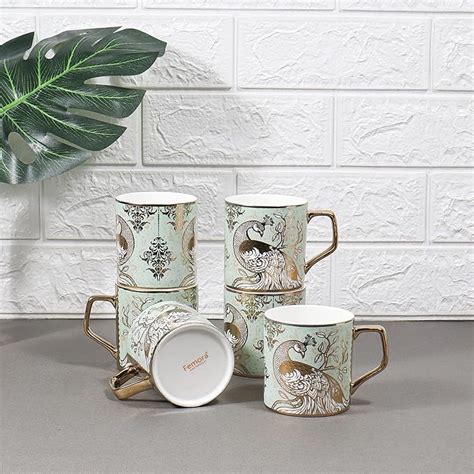 Buy Femora Peacock Motif with Leaves Pattern Fine Bone China Golden Tea ...